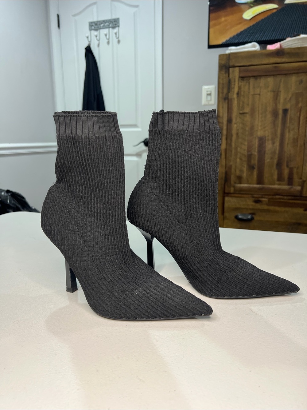 Zara Black Ribbed Knit Pointed Sock Booties
